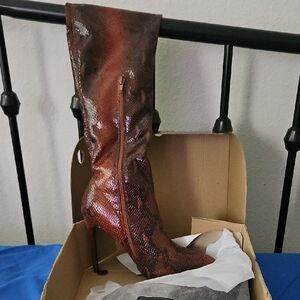 Fashion Nova Shiny Brown Heeled Boots